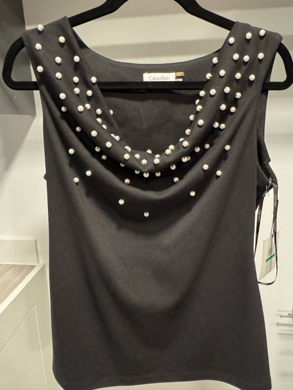 Calvin Klein Black Pearl-Stud Cowl Neck Top